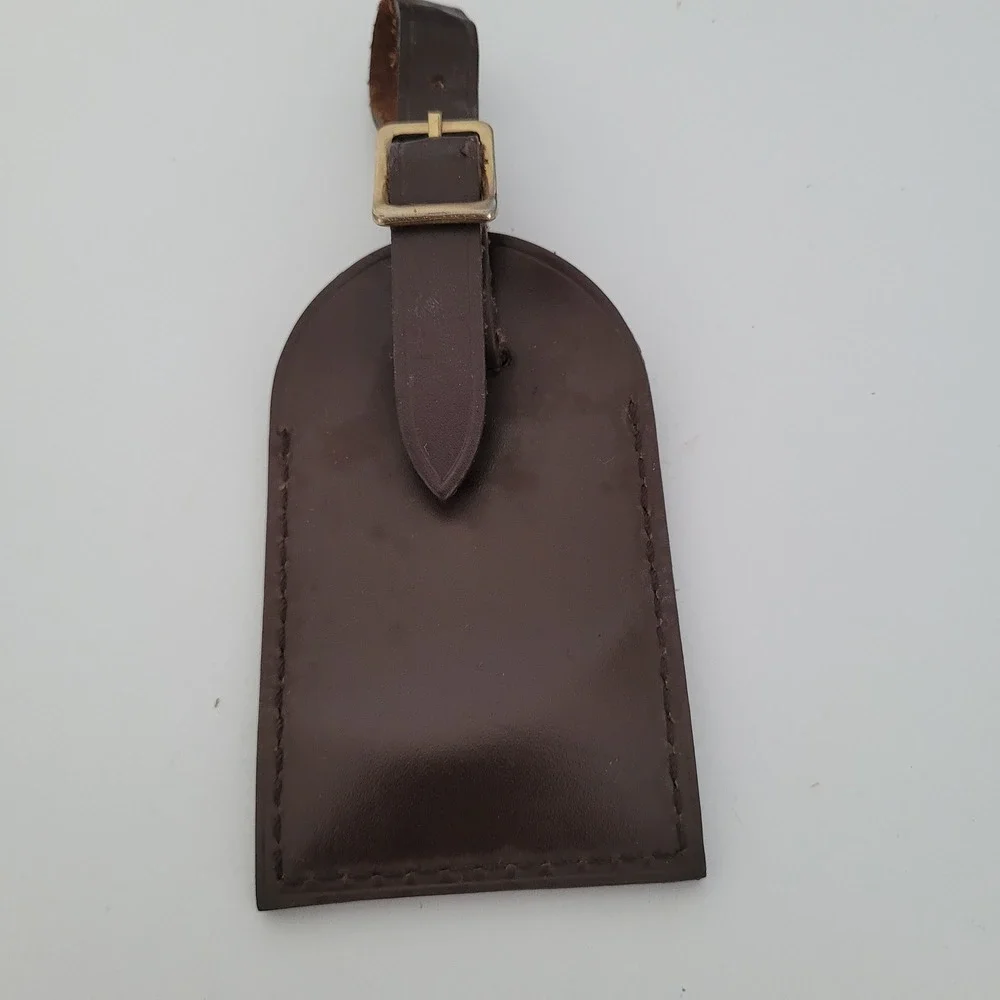 Louis Vuitton Brown Leather Luggage Tag Gold Buckle Travel Accessory MN Monogram